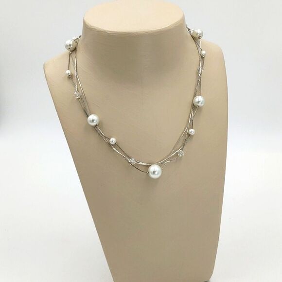 Faux Pearl & Crystal 3 Strand Necklace - Picture 5 of 6